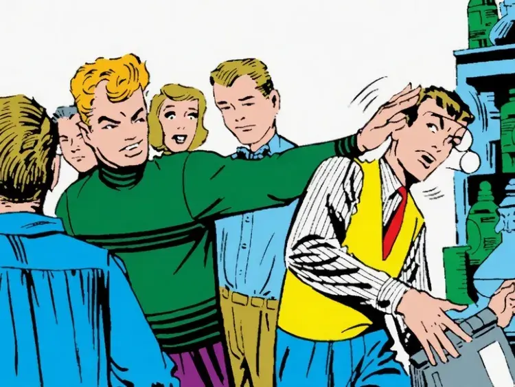 Flash Thompson pushing Peter's head, knocking away his book and glasses.