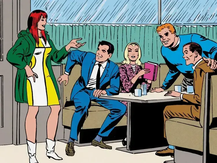 Mary Jane showing up at the Coffee Bean restaurant in front of Peter, Gwen, Flash, and Harry.