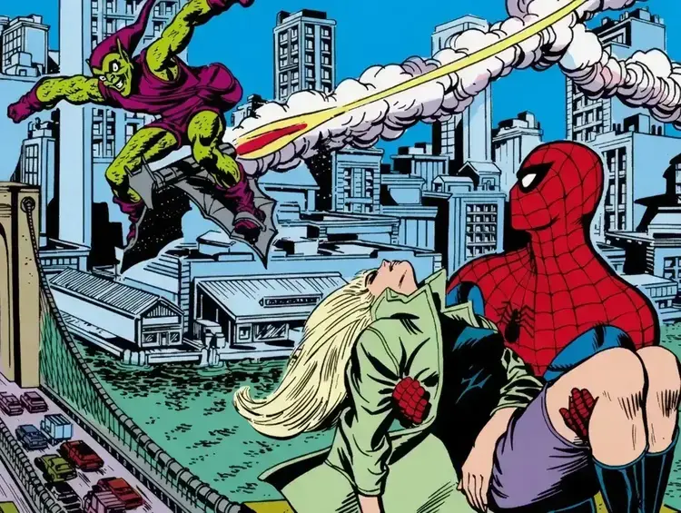 Spider-Man with an unconscious Gwen in his arms while watching the Green Goblin.