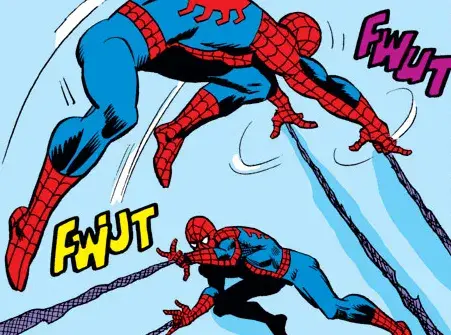 Spider-Man fighting another Spider-Man, shooting webs at each other.