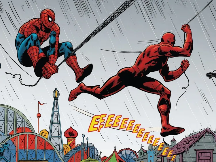 Spider-Man and Daredevil swinging in the rain at an amusement park.