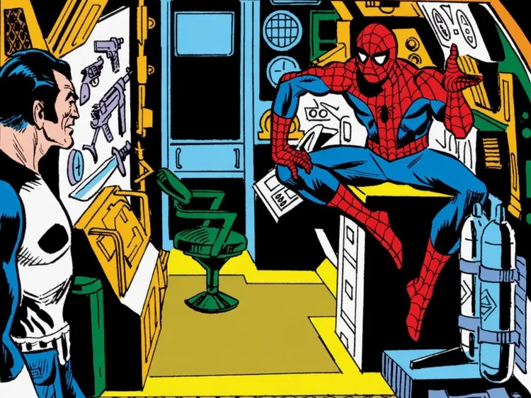 Spider-Man talking with the Punisher while sitting inside the vigilante's van.