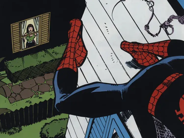 Mary Jane watching Spider-Man from her window.