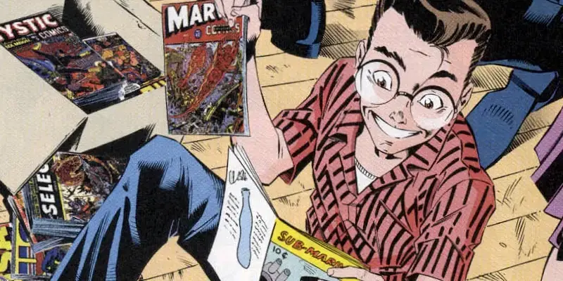 A teenage Peter reading comics that were stored in a box.