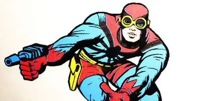 Jack Kirby's design for his version of Spider-Man, featuring a special gun and an open-face mask.