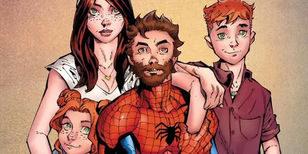 Bearded Peter with his family: Mary Jane and their two children, a red-haired boy and girl.