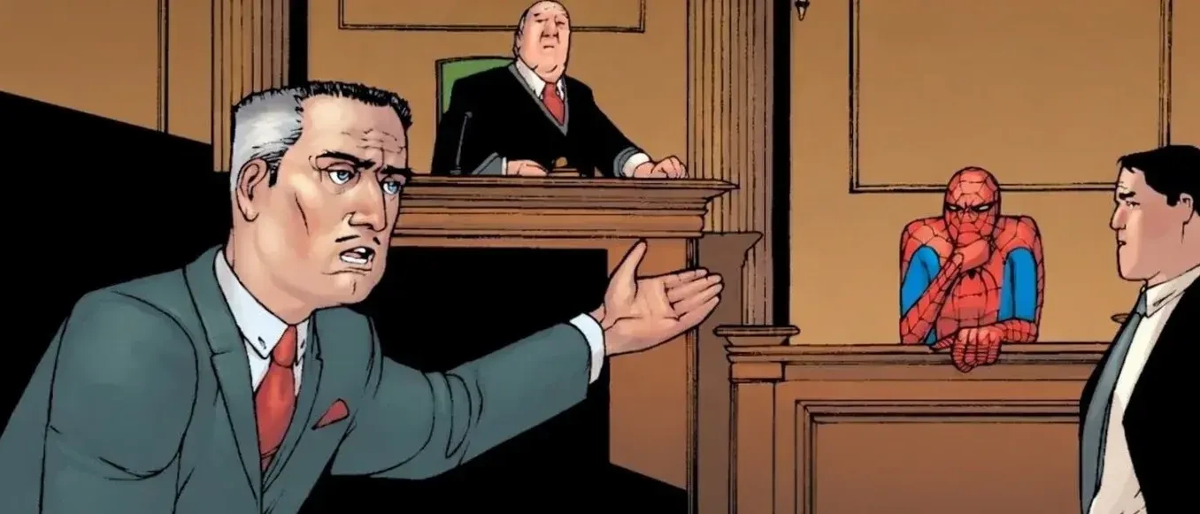 Jameson in court testifying against Spider-Man.