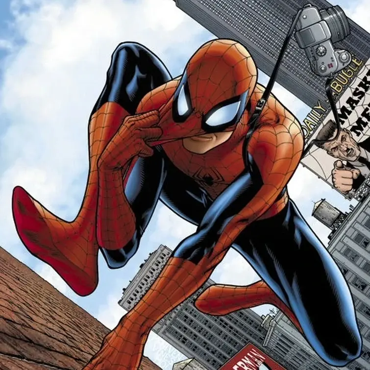 Spider-Man putting on his mask while running up the wall of a building.