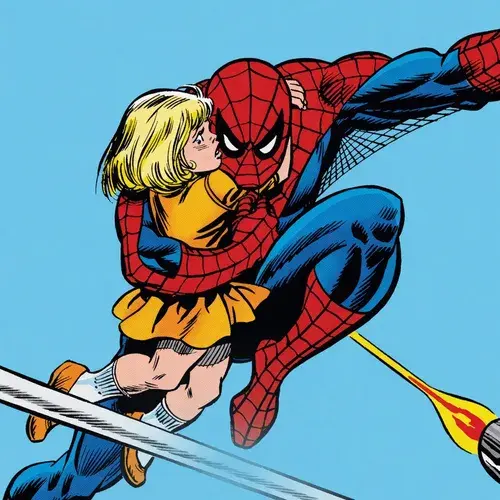 Spider-Man with a girl in danger in his arms.