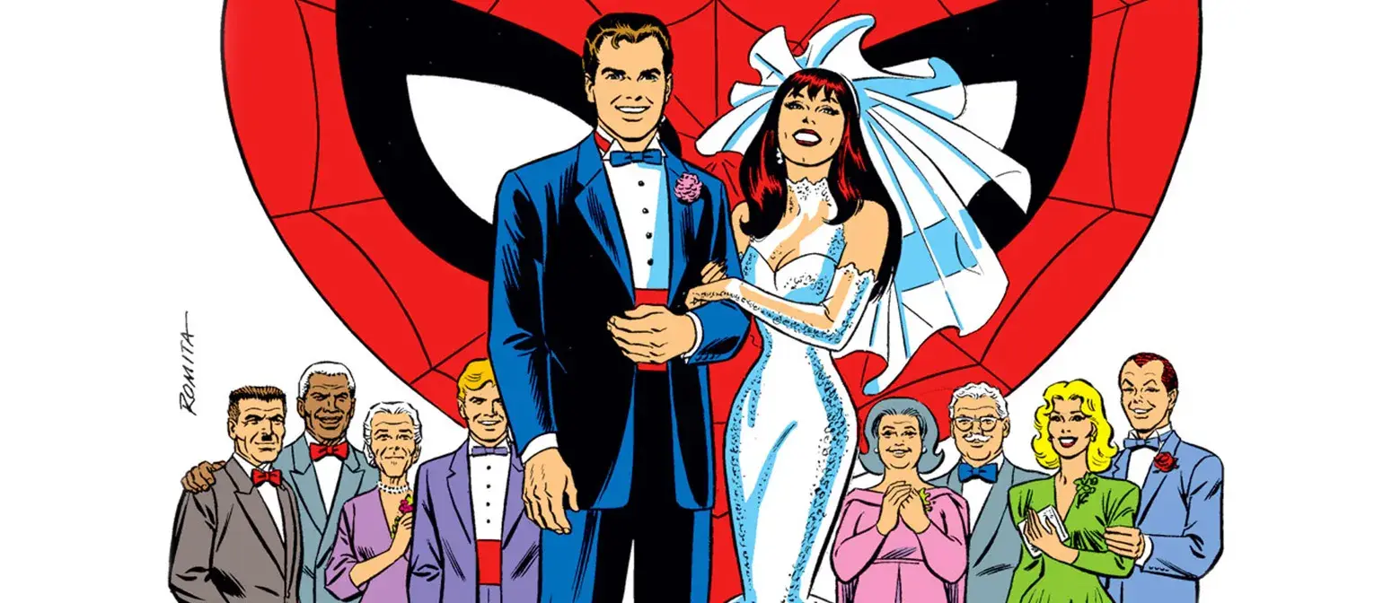 Peter and Mary Jane posing for their wedding day photo.