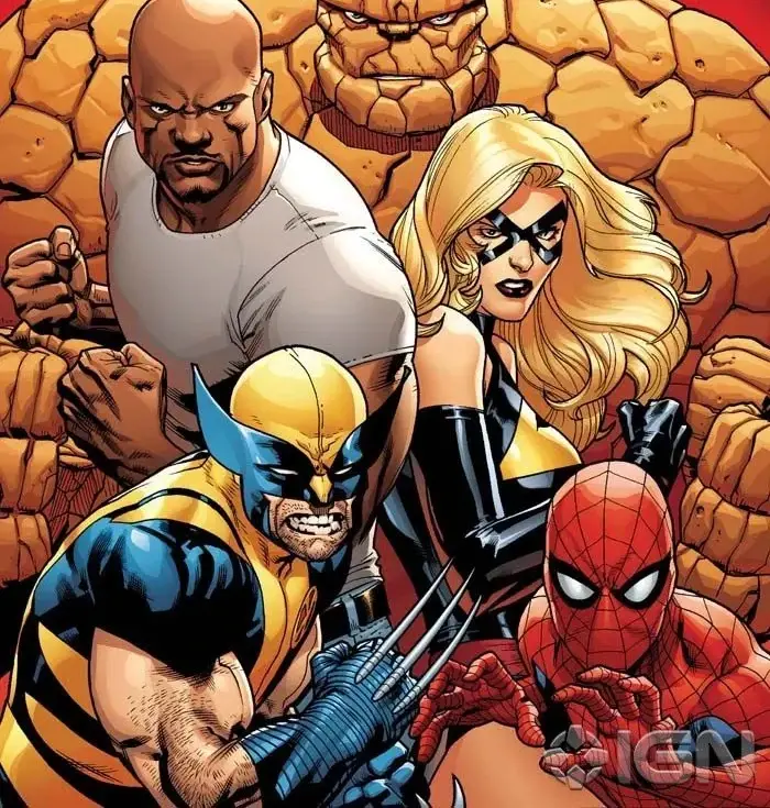 Spider-Man, Wolverine, Luke Cage, Thing, and Ms. Marvel in a fighting stance.