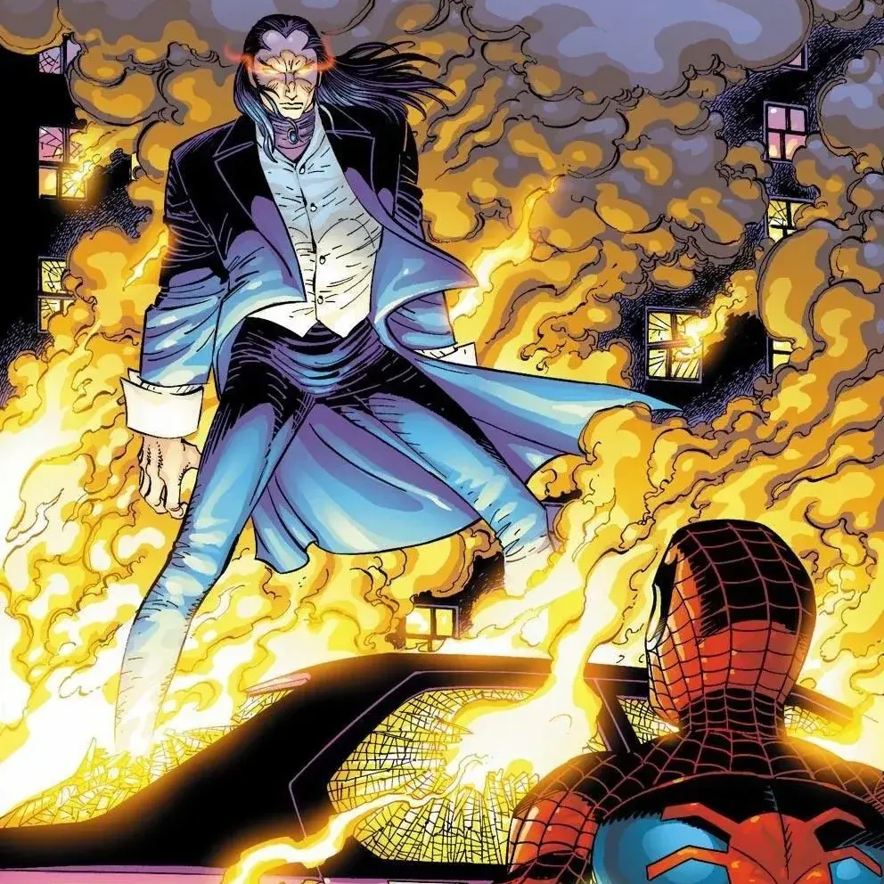 Morlun fighting Spider-Man surrounded by flames.